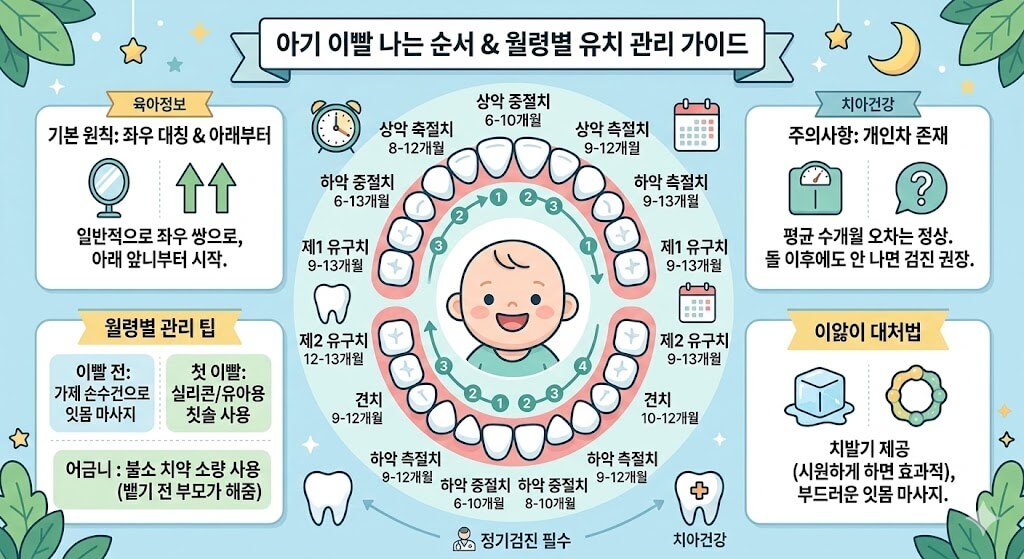 아기 이빨 나는 순서와 월령별 맹출 시기, 그리고 이앓이 대처법을 정리한 인포그래픽.
