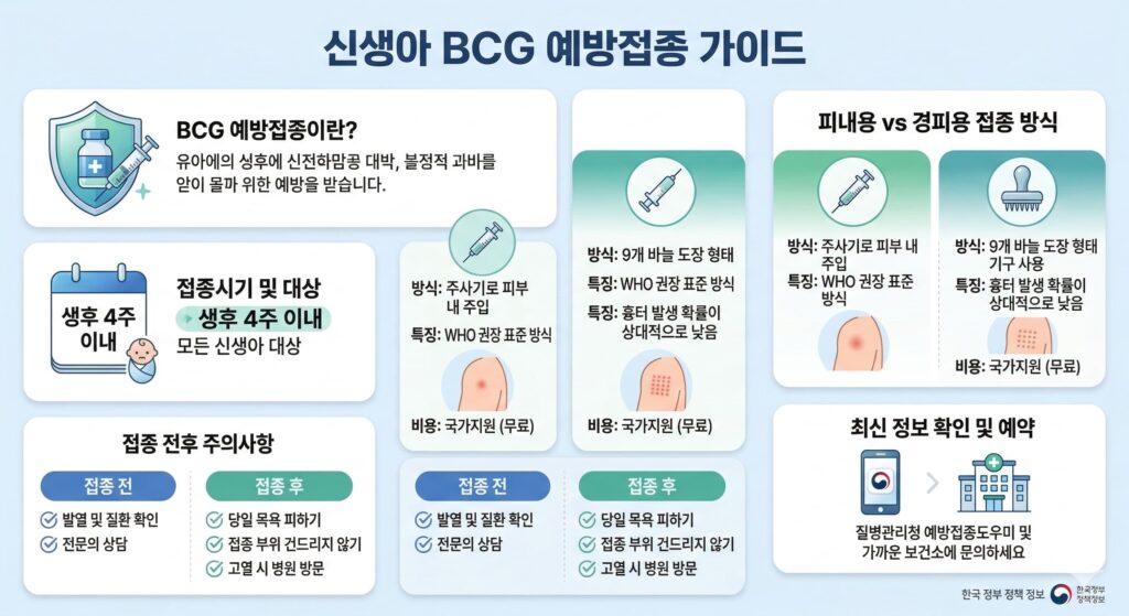 신생아 BCG 예방접종 안내 인포그래픽: 생후 4주 이내 접종 권장 안내, 피내용과 경피용 접종 방식의 차이 비교 및 접종 전후 필수 주의사항 요약