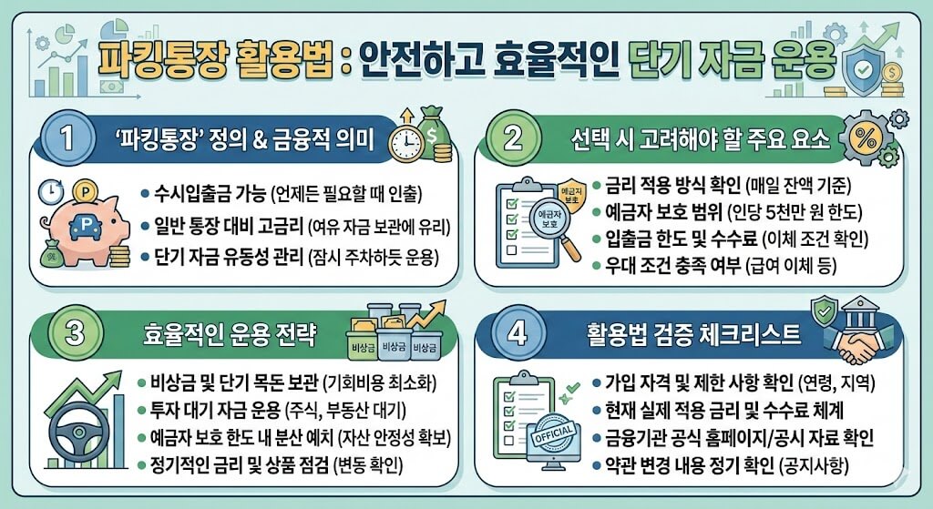 파킹통장의 정의, 선택 기준, 예금자 보호, 효율적인 운용 전략을 시각적으로 설명하는 인포그래픽