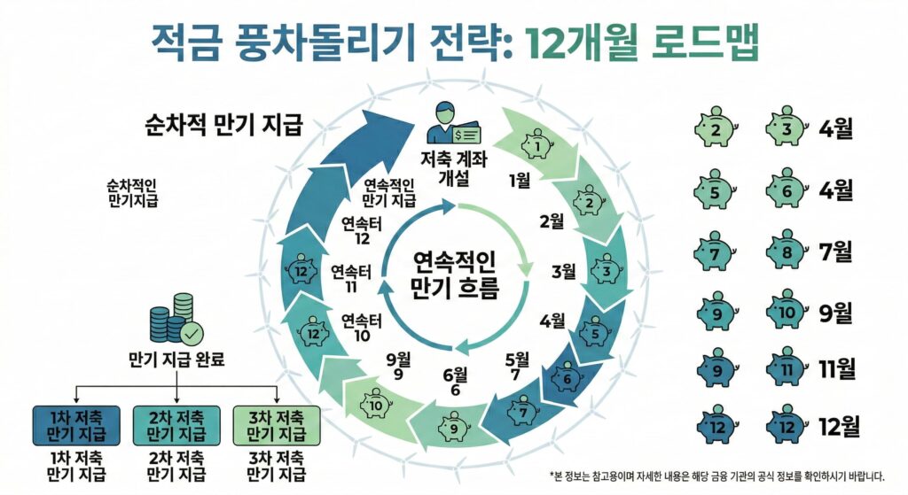 적금풍차돌리기 1년 실천 로드맵 및 순차적 만기 자금 흐름도 인포그래픽
