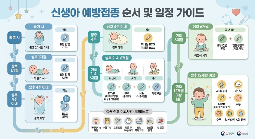 신생아 예방접종 순서 가이드 인포그래픽: 출생 직후부터 생후 12개월(돌)까지의 필수 접종 일정과 시기별 추천 백신 종류 및 접종 전후 주의사항 요약